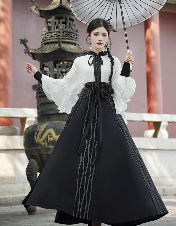 レディース レトロスカート 改良版漢服 漢風 長袖シャツ ロング丈スカート フレア 大きい裾 スカート森ガール系 中華風 衣装 ハロウィン コスプレ衣装 演出服 普段も着用可 学園祭 文化祭 撮影衣装
