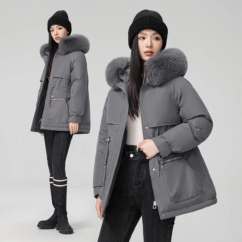パーカー服女性冬2024新型痩せたダウン綿服ファッション百合ベルベット厚い毛皮一体コート