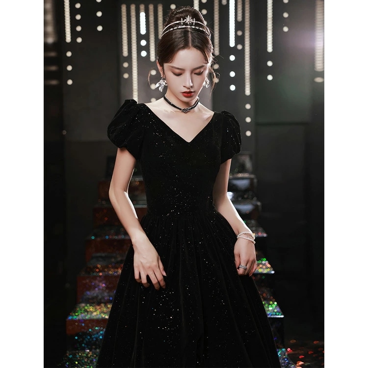 全6色 イブニングドレス 黒 ベロア ベルベット ロングドレス 発表会ドレス パフスリーブ 成人式ドレス 同窓会 謝恩会 パーティードレス お呼ばれドレス ブラック キラキラ 結婚式ドレス 二次会ドレ