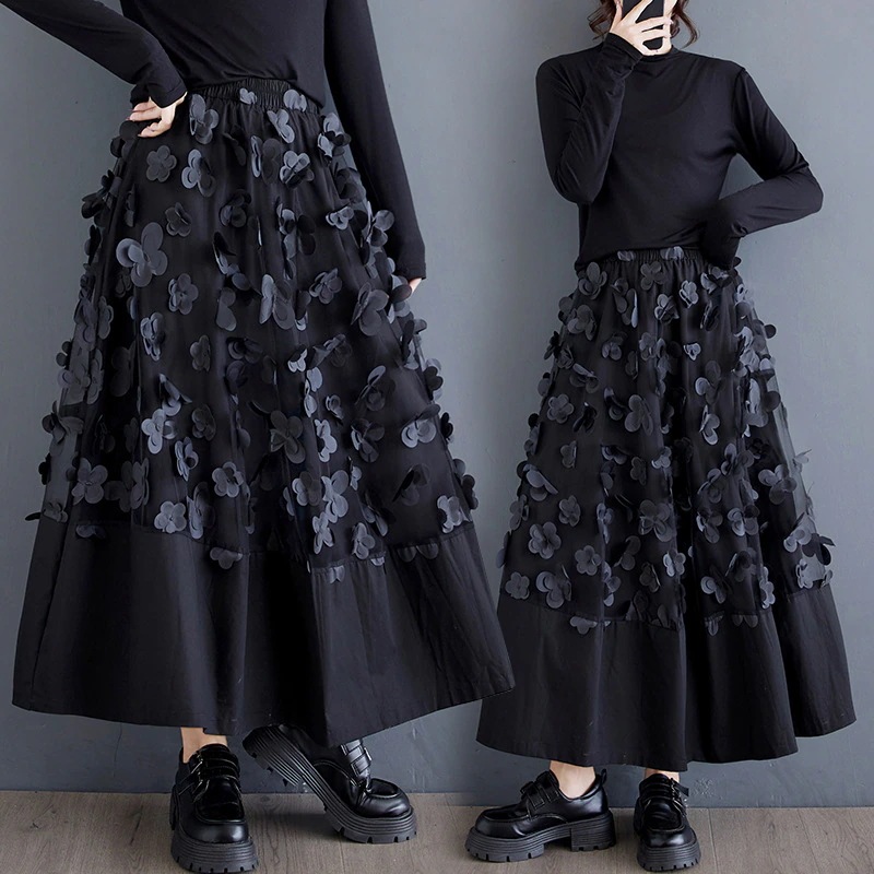 今年も人気！春秋韓国版新型刺繍ゆったりとした大きいサイズのステッチデザイン感マキシスカート30%制限