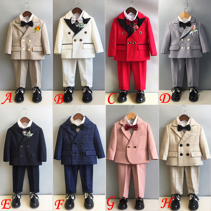 子供スーツ 子供服 フォーマル スーツ 男の子 上下セットジャケット ワイシャツ パンツ ベスト ブローチ 蝶結び アクセサリ付き 長袖 無地 チェック柄 ストライプ 男の子スーツ 子供 キッ 人気