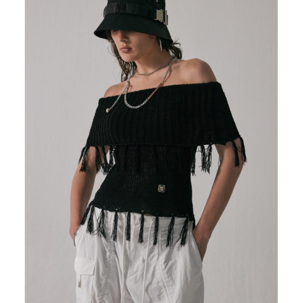 TREEMINGBIRD Tassel Open Shoulder Knit Black TMB242KT7