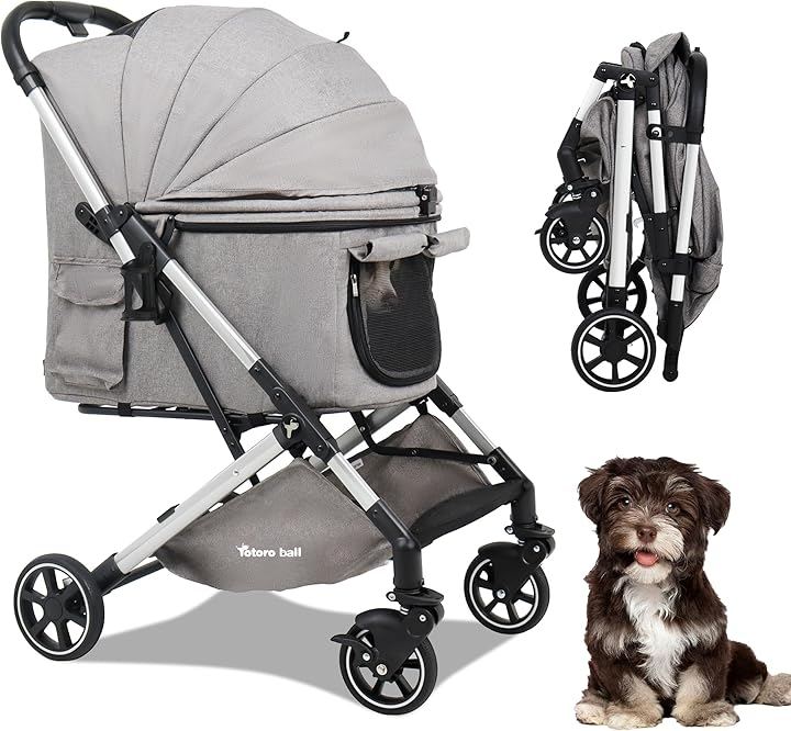 ペットカート 犬 バギー 4輪 小型犬 中型犬 多頭 ペットキャリーカート ワンタッチ折り畳み 自立式 ゴム製大口径タイヤ 一体型 ペットバギー コンパクト 広い空間 (グレー, 中型)