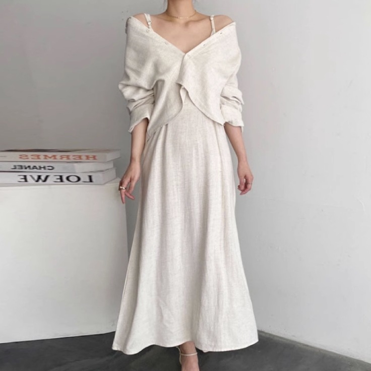 セットアップ シャツ キャミソールワンピース ショート丈 ミモレ丈 ノースリーブ 長袖 Vネック オフショル 襟付き フレア Aライン バックシャン ファスナー 前開き 薄手 2点セット 大人可愛い