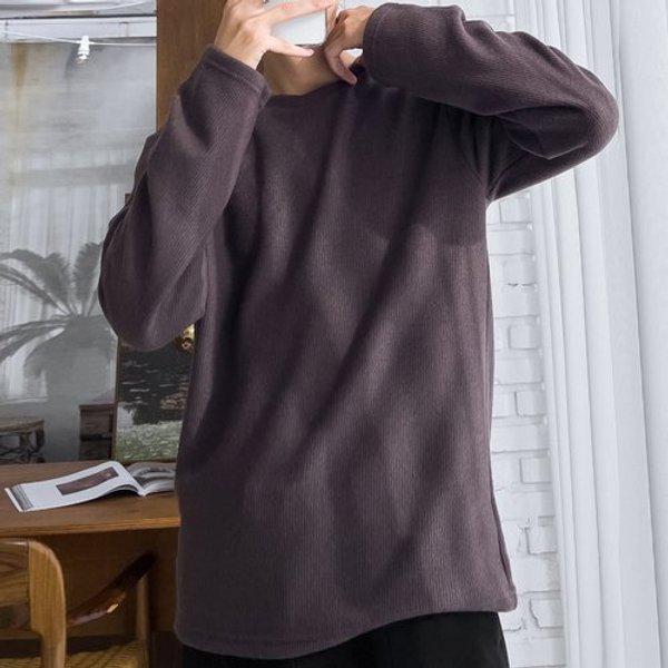 メンズ ソリッド リブ ラウンド 長袖 Tシャツ 5C-TSA-Q108-栗色