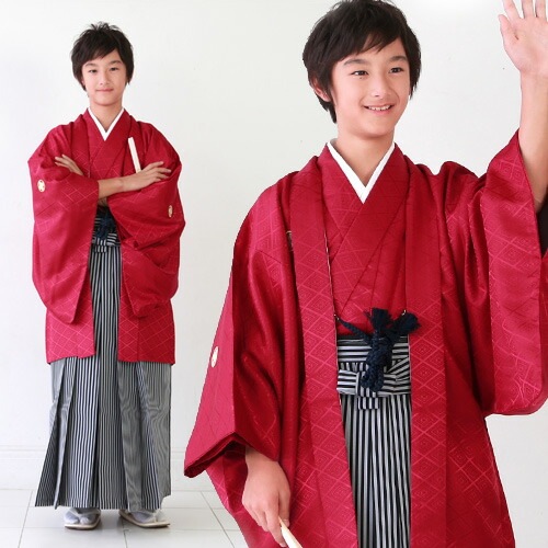 レンタル７泊８日 卒業式 袴 レンタル 小学生 男 男の子 ジュニア 卒業式紋付羽織袴セット 紋付袴 袴セット フルセットレンタル 赤地に菱文