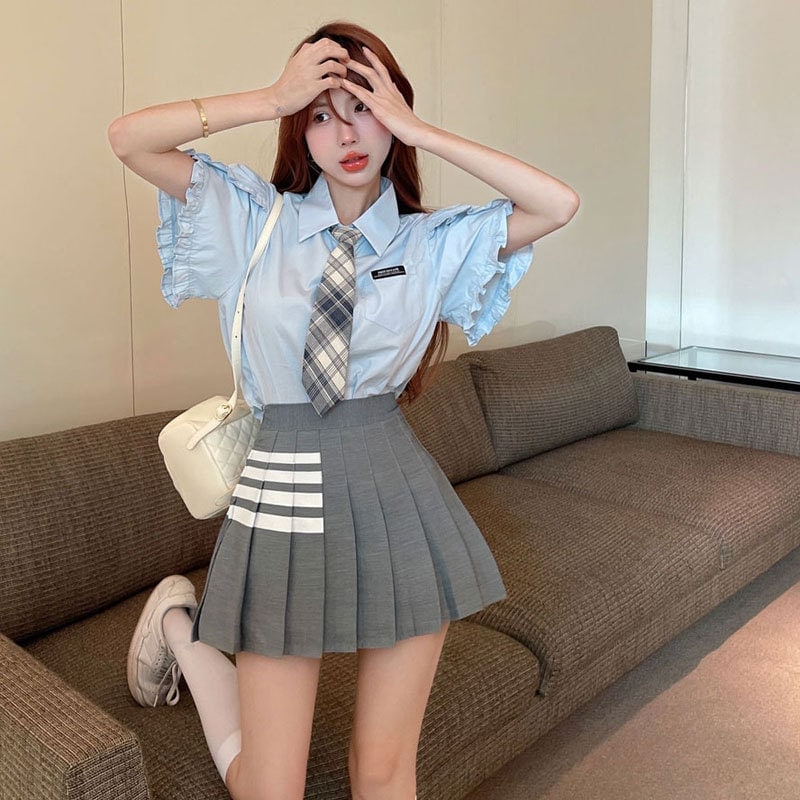 2点セットjk制服 甘い キャンパス風 デザイン感 木耳縁 半袖 シアーシャツ ハイウェ スト プリーツスカート 脚長効果 セット