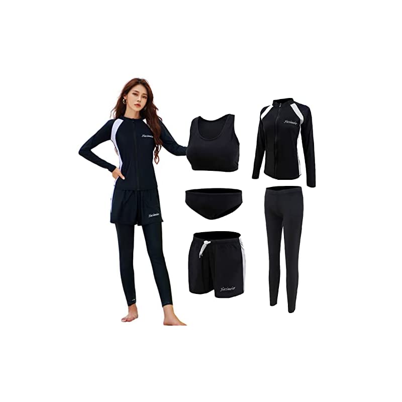 【即納】[ＲａｉｎＫｉｎｄ] フィットネス水着 レディース 水着 5点セット 長袖ラッシュガード 体型カバー セパレート ショートパンツ タンキニ オシャレ UVカット女性用長袖水着 接触冷感 水陸両