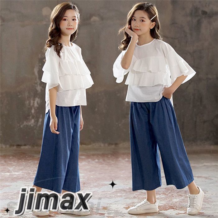 子供服 セットアップ キッズ 女の子 2点セット 半袖 デニムパンツ シャツ+9分ズボン カジュアル パンツセット 春夏着 上下セット ワイドパンツ 小学生 通学着 可愛い子供服 女の子 安い 100