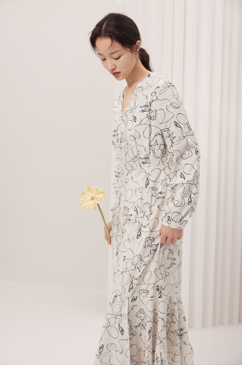 レディース エレガント 個性的なデザイン プリント V ネック タイ ドレス 女性 春 長袖 ロマンチック スカート ホワイト S M L かわいい 大人可愛い きれいめ シンプル カジュアル 大人