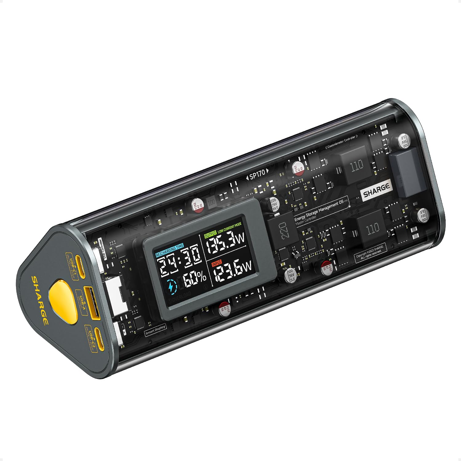 SHARGE SHARGEEK 170W モバイルバッテリー 最大出力170w IPSスマートディスプレイ 残量表示 透明デザイン 24000mAh大容量 急速充電 3台同時充電 USB-C*2/US