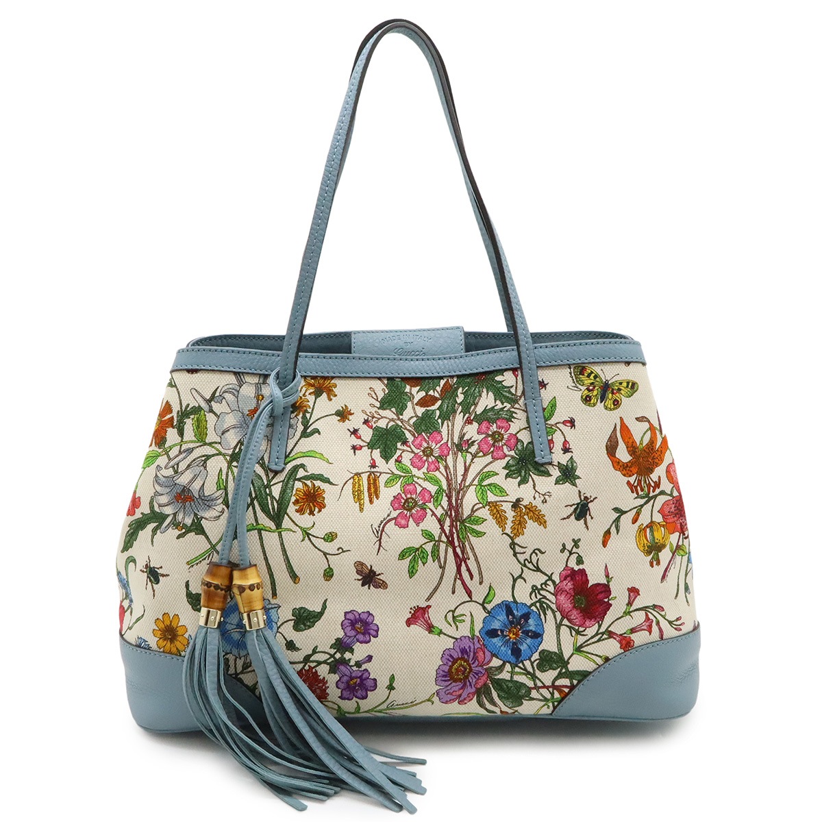 グッチ フローラ トートバッグ ショルダーバッグ セミショルダー 肩掛け 花柄 キャンバス レザー ライトブルー 青 50周年限定 33677