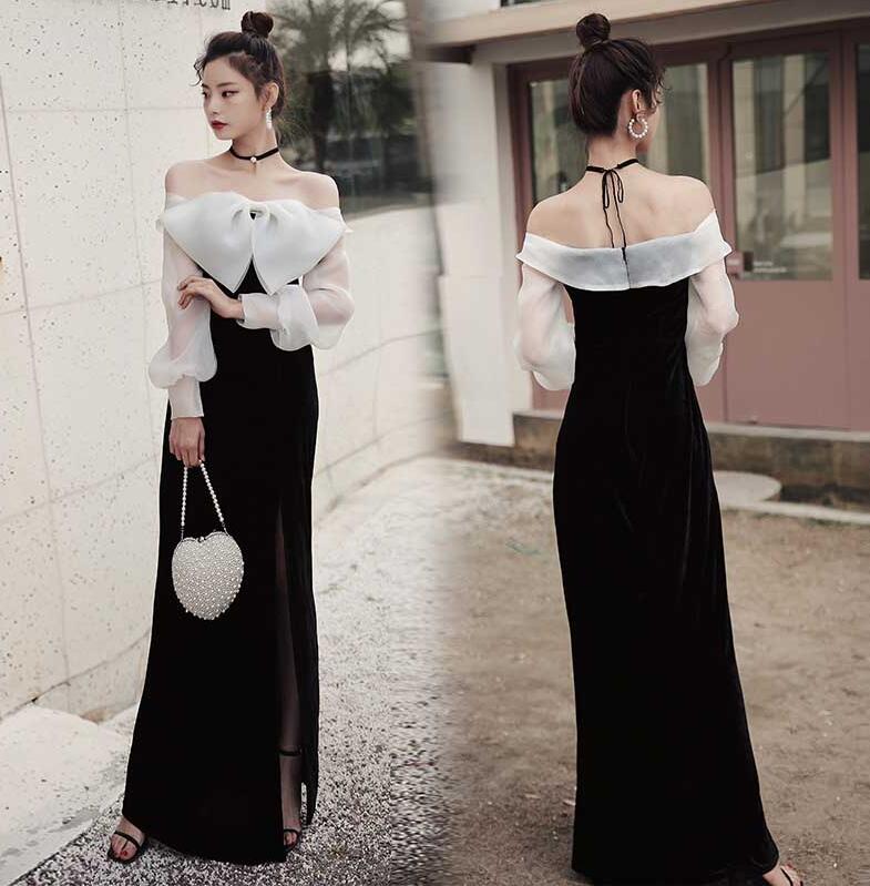 オフショルダー 長袖 メッシュ袖 ワンピース パーティードレス ウエディングドレス イブニングドレス パーティードレス ロング丈 スリット入り ボウタイ付き フォーマルドレス お姫様ドレス 成人式 忘