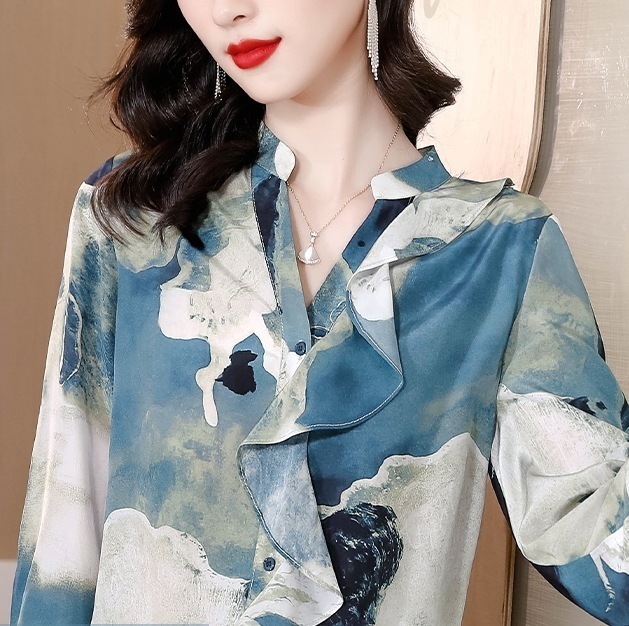 長袖シフォンシャツ フリル付きシャツ ブルートップス カジュアルシャツ トップス シャツ ブラウス 袖あり 長袖 Uネック スリム ストレート Iライン スマート シフォン フリル かわいい