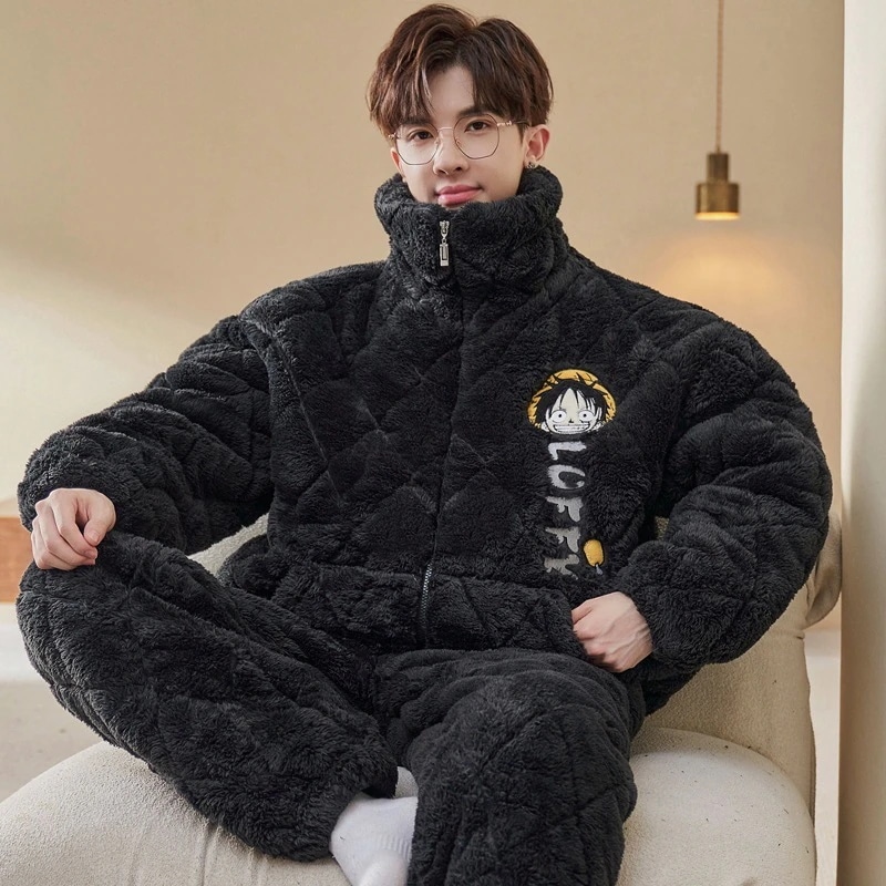 通学 パジャマ男性秋冬珊瑚絨毯厚手加絨男性冬保温3層綿入れ入りウェアセット 保育園 小学部