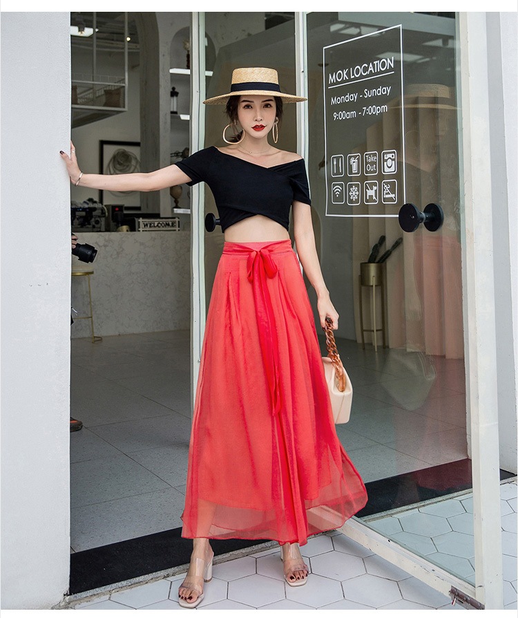 ボトムス パンツ ズボン ワイドパンツ ガウチョパンツ ロング ロング丈 9分丈 アンクル丈 フレア ガウチョ ひらひら ヒラヒラ チュール シフォン リボン ウエストマーク ウエストリボン