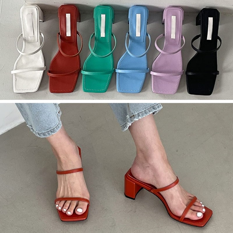 6color シンプルな 細ストラップ スクエアトゥ．オープントゥ 6cmヒール デイリーサンダル．ミュール