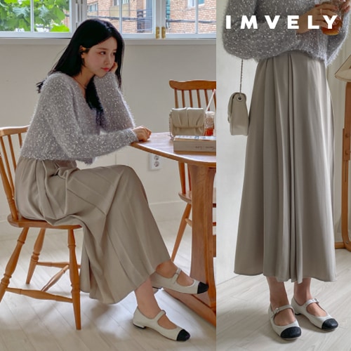 [IMVELY イムブリー公式] アンバランスプリーツスリットロングスカート 韓国ファッション