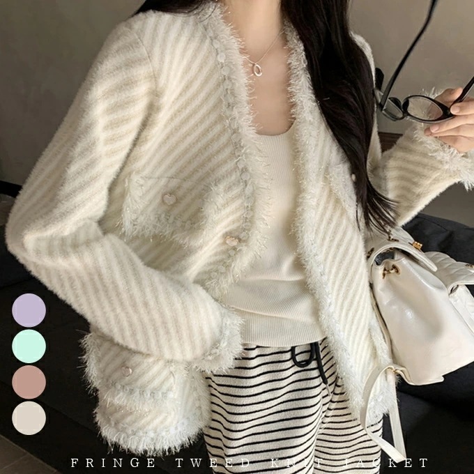 ジャケット ノーカラー レディース カーディガン フリンジ ツイード ニットジャケット デイリー カジュアル アウター おしゃれ オフィス 通勤 通学 パーティー 二次会 デート お出かけ お呼ばれ