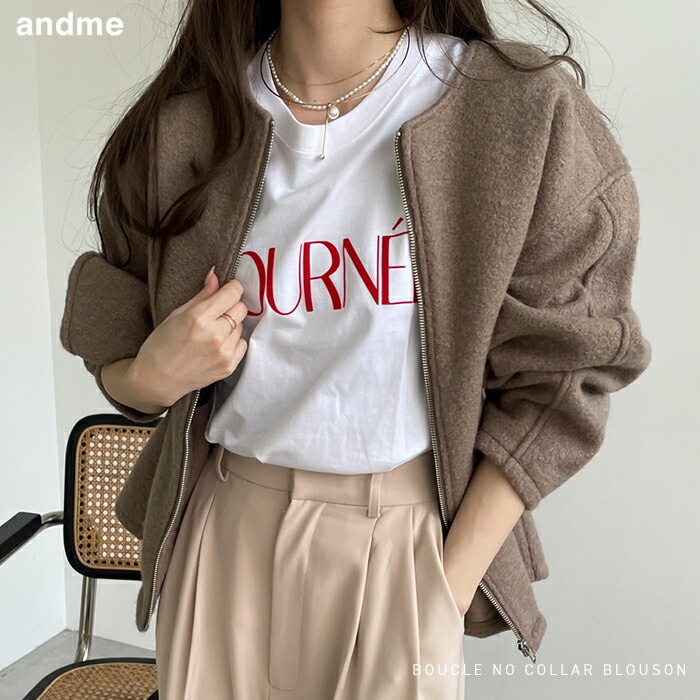 ブークレ ノーカラー ブルゾン レディース アウター ジャケット カジュアル フェイクリングウール オーバーサイズ 体型カバー ウール調 サイドポケット 春 秋 冬【メール便NG】