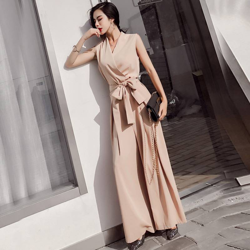 ワンピース パンツ オールインワン レディース ロング ワイド マキシ ノースリーブ カシュクール リボン 脚長 赤 黒 アプリコット エレガント シンプル きれいめ お出かけ パーティー イベント