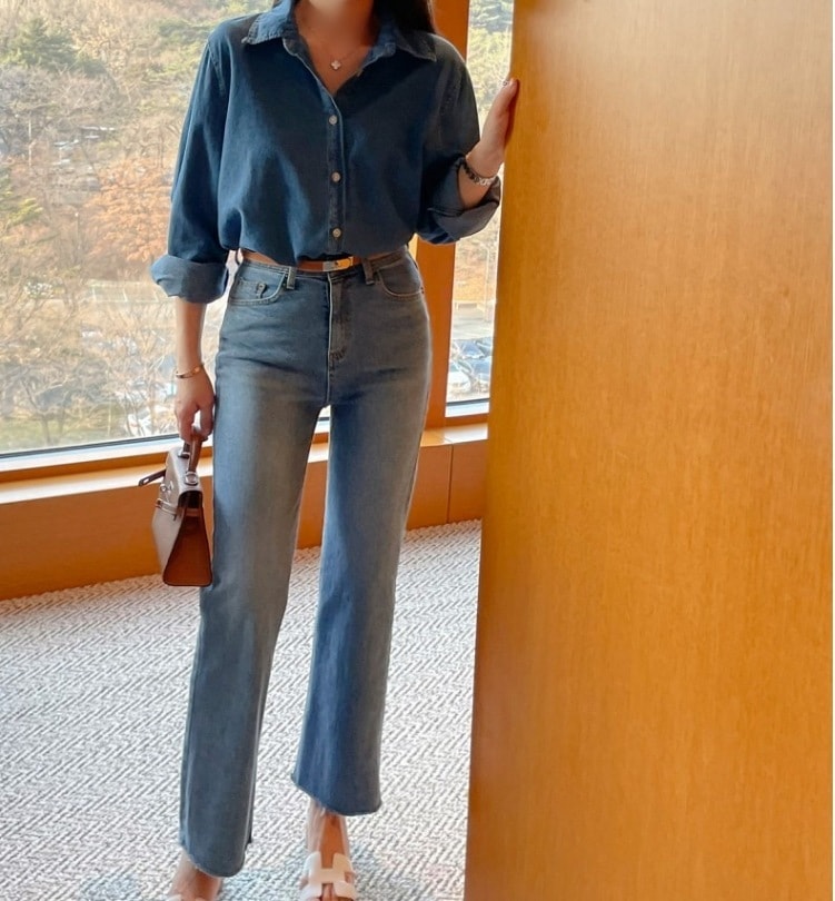 ブルーデニムシャツ トップス Tシャツ シャツ ブラウス ビッグT ロング ロング丈 袖あり 長袖 Vネック 襟付き スリム ストレート Iライン ポケット 前開き デニム ブルーデニム かわいい