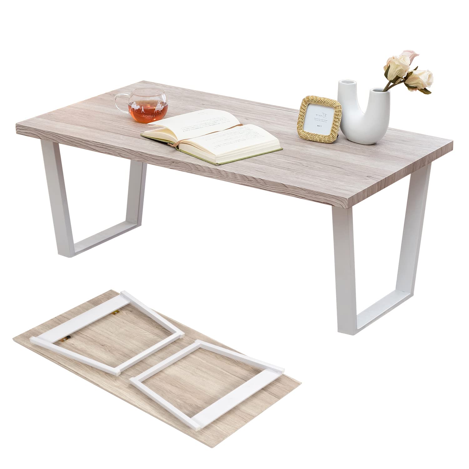 萩原(Hagihara) ローテーブル センターテーブル 折りたたみ テーブル 机 【木目調天板×スチール脚】 インダストリアル リビング ソファテーブル 幅90 ホワイト 白 頑丈 LT-4397W