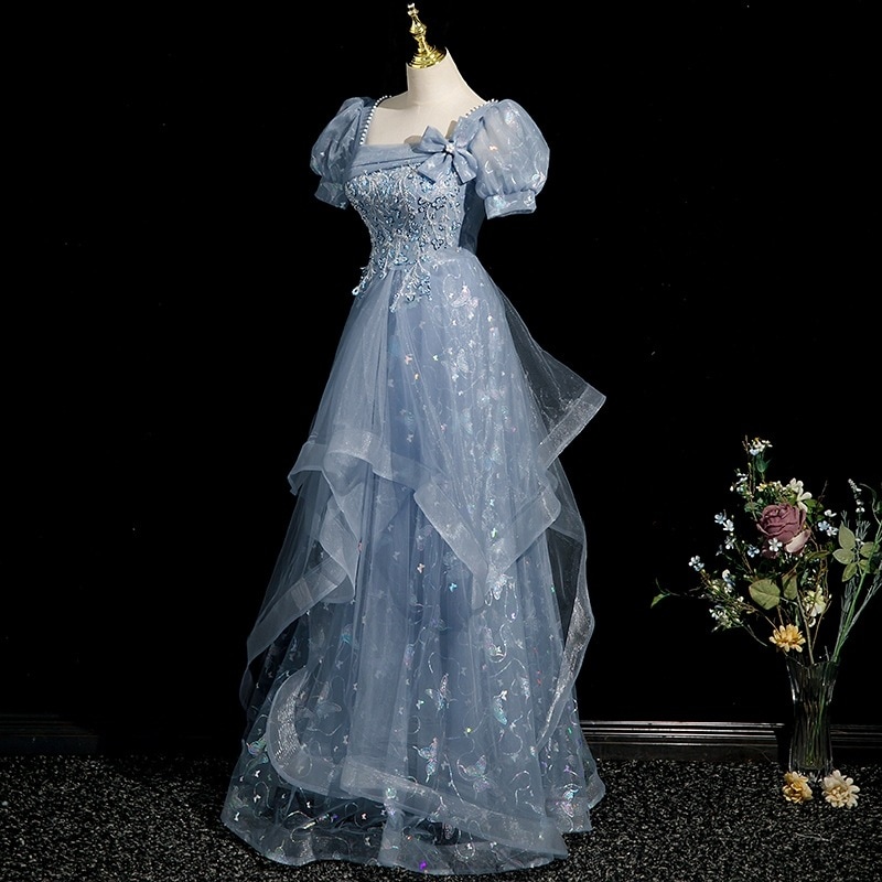 イブニングドレス ハイエンドブルーフェミニンパーティードレス