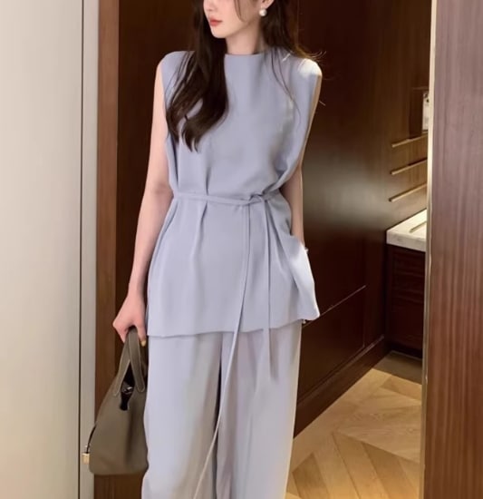 レディース トップス パンツ ボトムス カットソー セットアップ アンサンブル ロング マキシ 袖なし ノースリーブ Uネック ワイド フレア 2way 伸縮性 コンサバ かわいい 大人可愛い