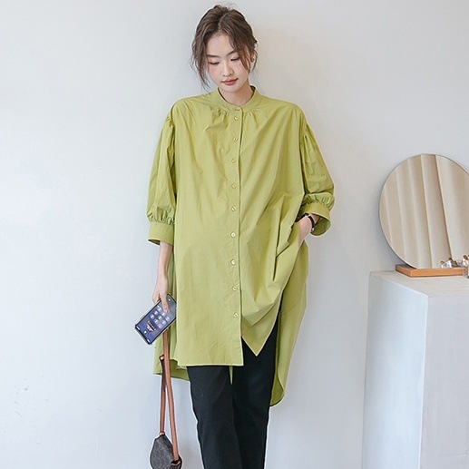 トップス シャツ ロングシャツ 長袖 ハイネック 前開き ボタン フィッシュテール かわいい 大人可愛い きれいめ シンプル 上品 おしゃれ かっこいい カジュアル こなれ感 個性的 主役級 ラフ