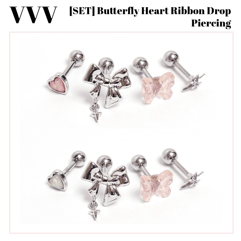 [SET] Butterfly Heart Ribbon Drop Piercing 蝶ハートリボンドロップピアス