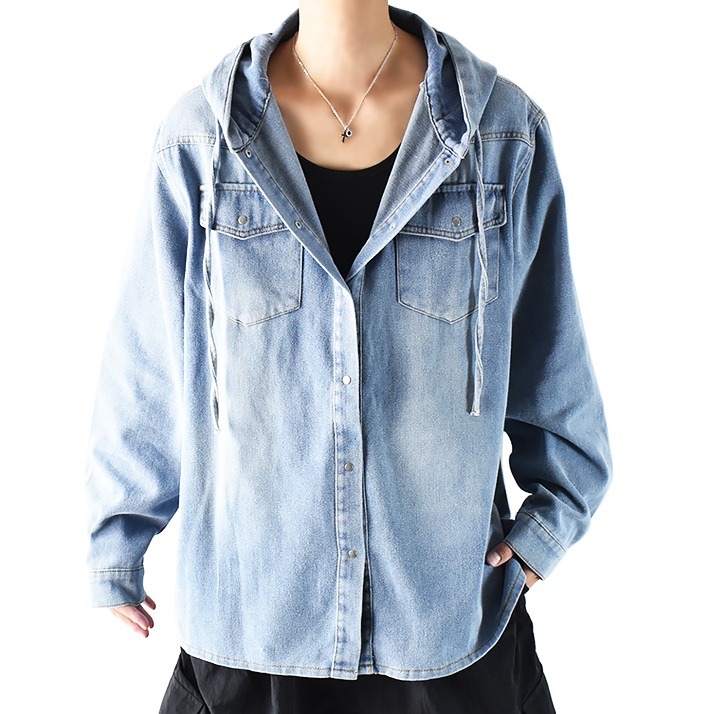 デニムシャツ メンズ ウエスタンシャツ 青 オーバーサイズ デニム シャツ パーカー 長袖 ゆったり 長袖シャツ 厚手 大きいサイズ ビッグシルエット ダボダボ だぼ ボタンパーカー ヴィンテージ加工 7,957円