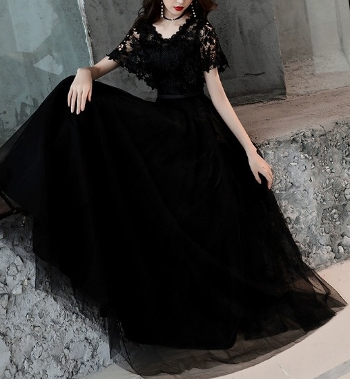 異国風 ワンピース レディース イブニングドレス パーティー 演奏会 発表会 ステージ 舞台 演劇 ラウンジ クラブ ロング マキシ 半袖 Vネック フレア Aライン レース ウエストマーク