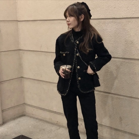 【取寄：納期2週間】ツイードジャケット レディース ジャケット 羽織 アウター ゴールドボタン ノーカラー ブラック 長袖 きれいめ エレガント おしゃれ お出掛け フォーマル ゆったり 黒