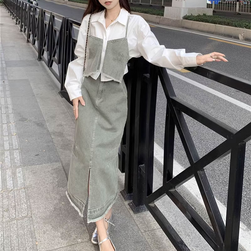 女っぽ デニム2点セットアップシャツとスカートオシャレレデイーズカジュアルワンピースガーリー