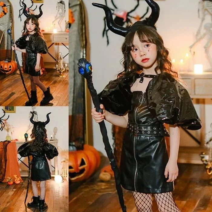 仮装 コスプレ 小悪魔 子供 ワンピース 黒 女の子 キャラクター コスプレ 魔女　魔法使い 子供コスム 可愛い 演出服 姫様 パーティー