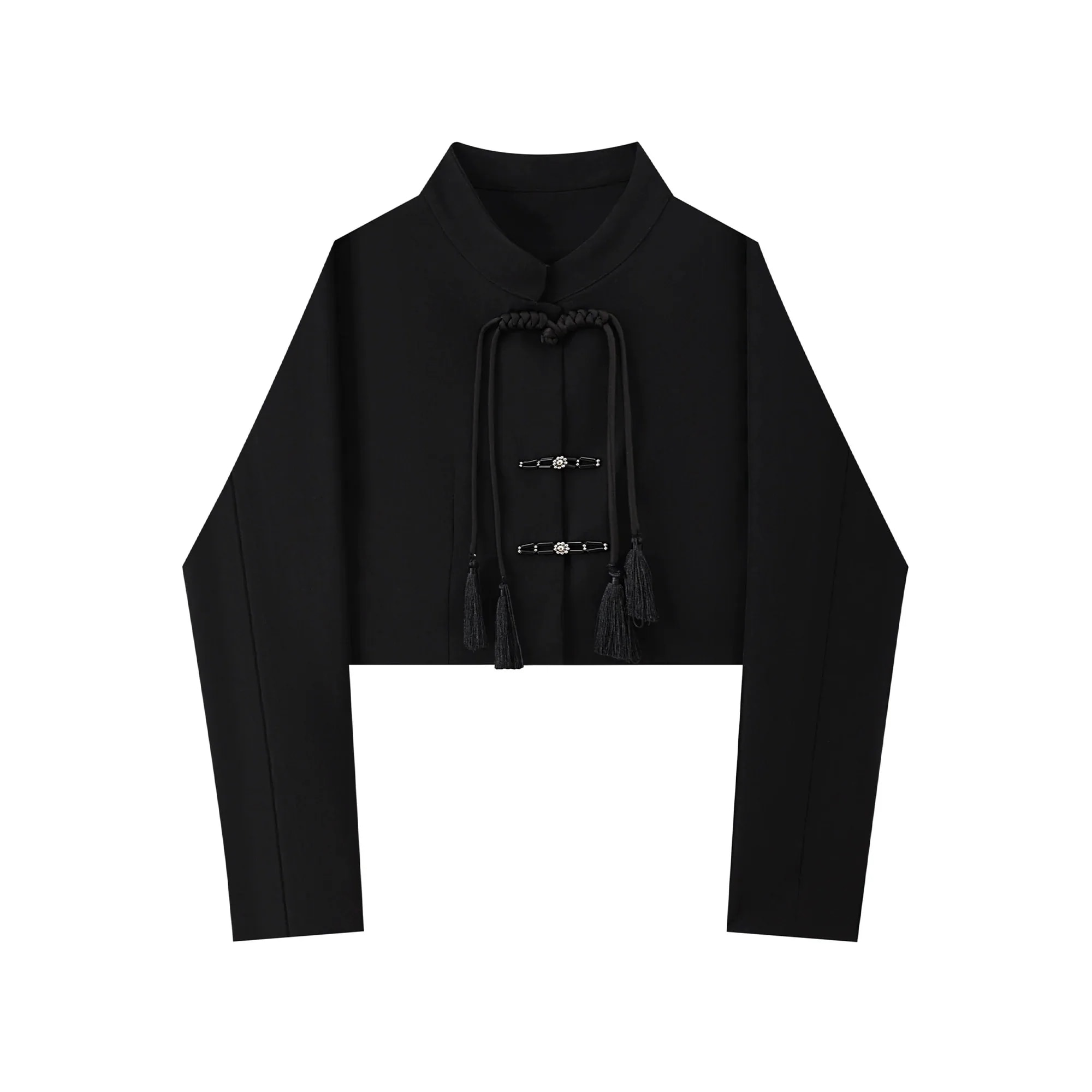 チャイナ風アウター 黒色 ブレザー ショート丈 テーラードジャケット タッセルボタン スタンドカラーコート レディース 長袖 着痩せ 合わせやすい 個性的 通勤 低身長 ファッション