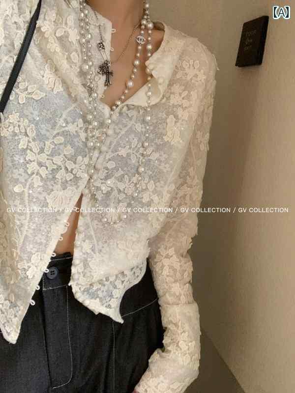 レディース　シャツ　レース　シルク GV Dabaige Senna 午後の 重厚な 刺繍 スパンコール 立体 レース シャツ フレンチ ニュー チャイナ 風 レディーストップス