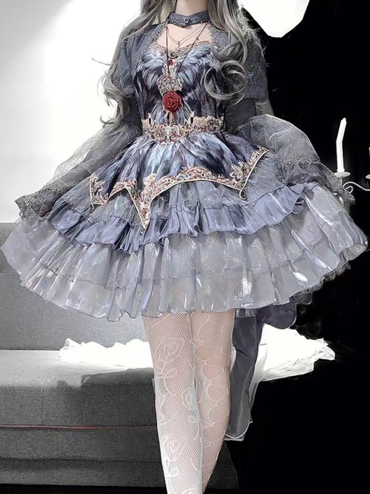 フラワーウェディングロリータドレス グレーロリータ袖チョッキドレス Jskドレス ロリータ