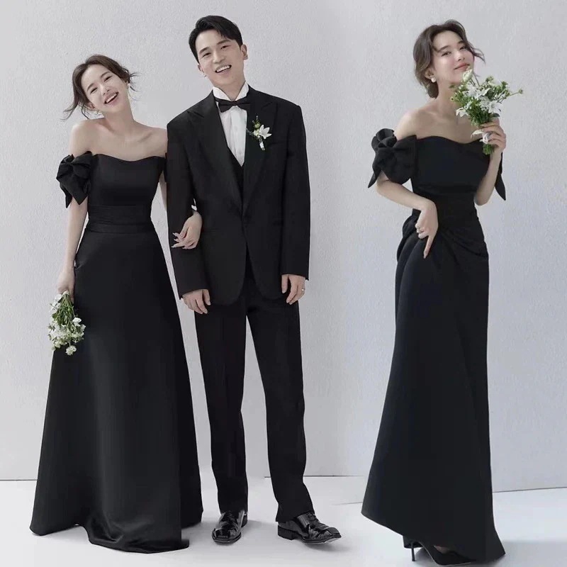 パーティードレス ドレス フランスの軽い結婚式の黒いサテンのカップルの写真の弓のドレス 花嫁ロングドレス 成人式 演奏会 発表会 卒業式 ドレスワンピース ロングドレス