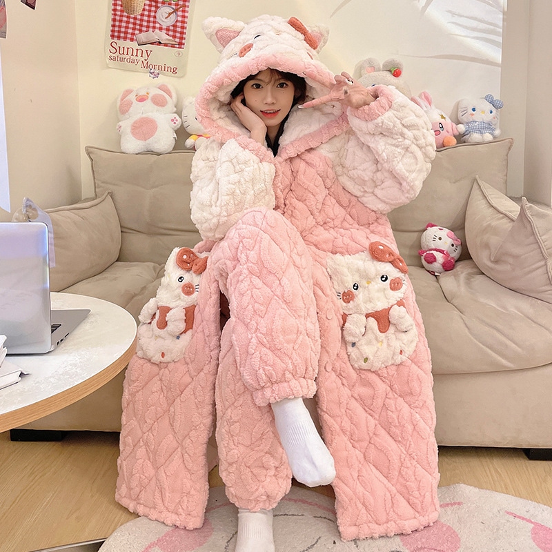 秋冬のサンゴのパジャマ女性三層綿とベルベットの厚いローブの保温フランネルの家庭服セット