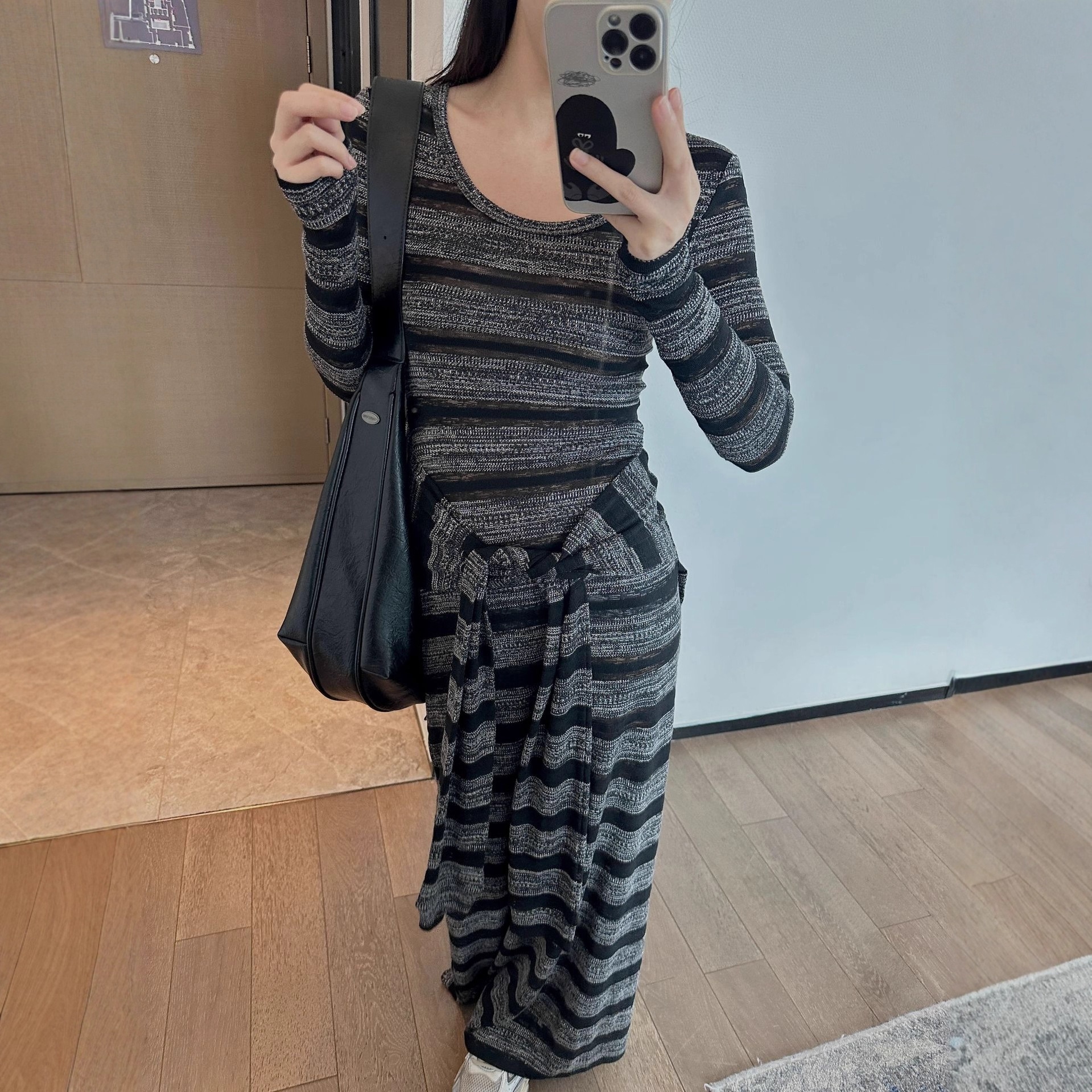 アメリカンファッションブランド定番ストライプストラップデザインニットワンピースレディース新作スリムロングスカート