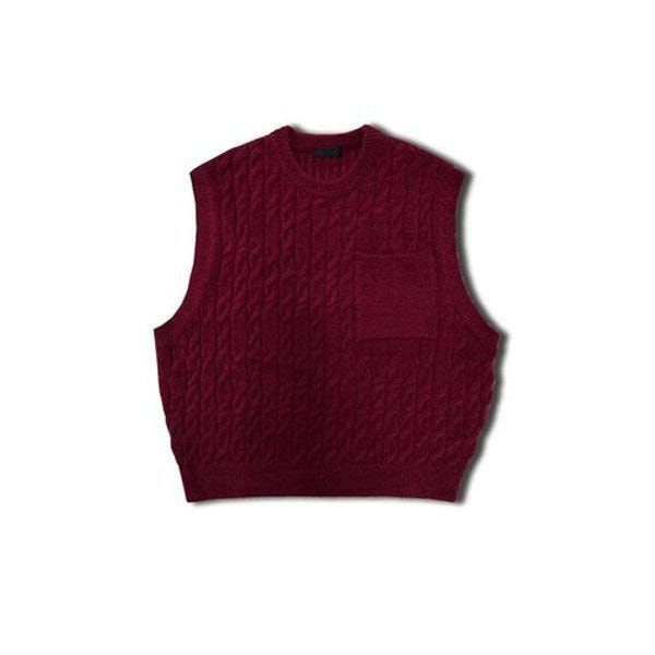 メンズケーブルポケットラウンドニットベストOF-VEA-Q011-バーガンディ