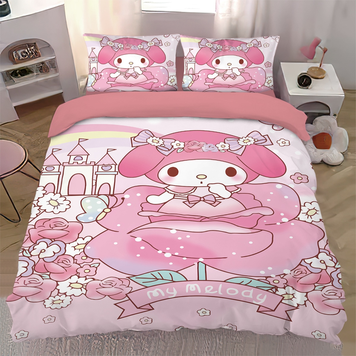 ラブリーメロディー純綿寝具4点セット反応性プリントキルトカバーシーツとボックスシーツ