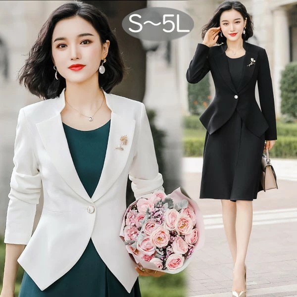 レディース ワンピーススーツ 大きいサイズ 通勤 事務服 就活 就職活動 面接 仕事着 フォーマル 長袖 オフィス ビジネス 事務服 制服 おしゃれ 無地 黒 白 緑 大きいサイズ S M L 2L
