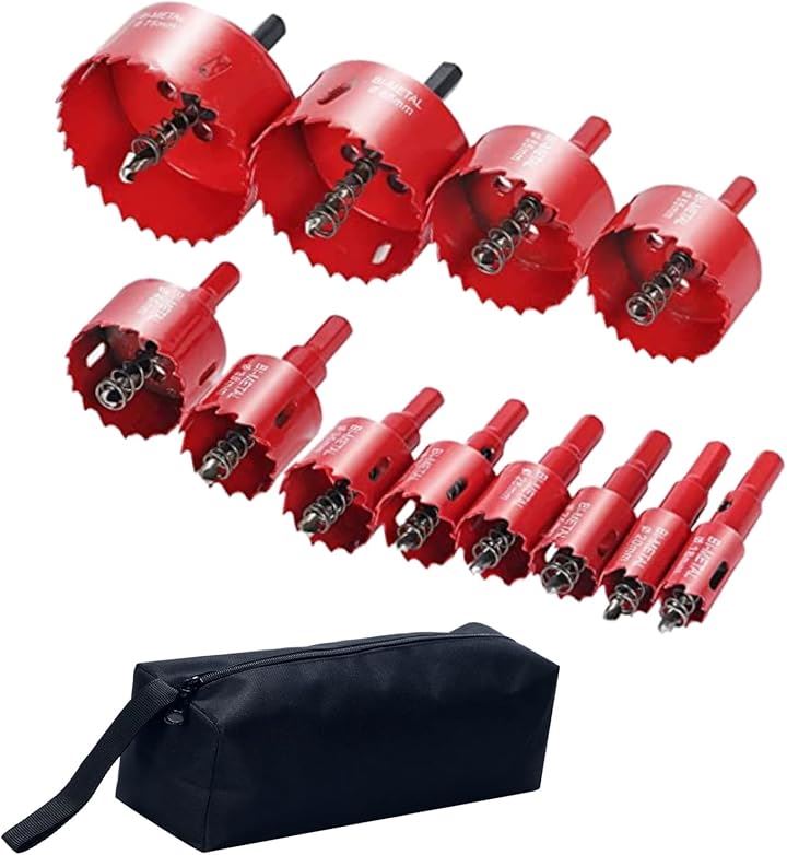 現役大工が推薦 バイメタル ホールソー ホルソー 穴あけ 切削 工具(レッド, 18mm～75mm12本セット＆携帯ポーチ)