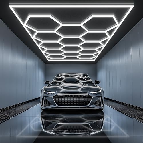 LEDガレージライト 六角形ハニカムランプ 430W 51600LM 6500K 高輝度 DIYセット 14個 六角形ライト ガレージ照明 ショールーム 洗車場 PCプラスチック製 (485*244cLED蛍光灯