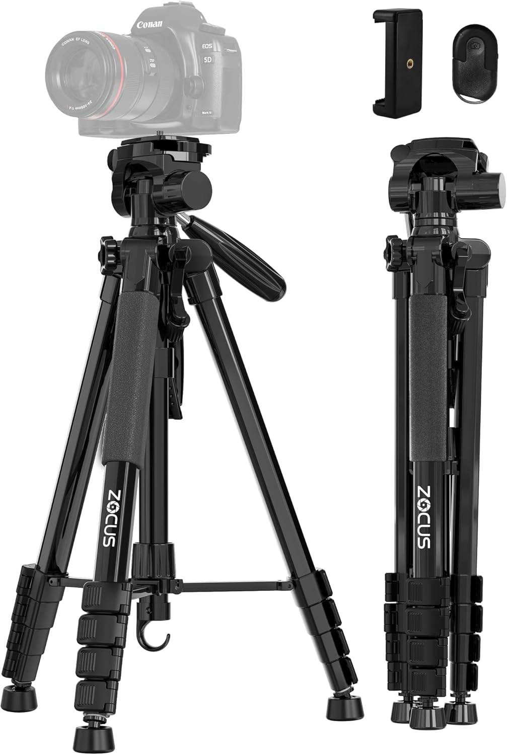 アルミ製三脚 全高188cm 5段階伸縮 3Way雲台 水準器 クイックシュー式 スマホホルダー リモコン付き キャリングバッグ付き