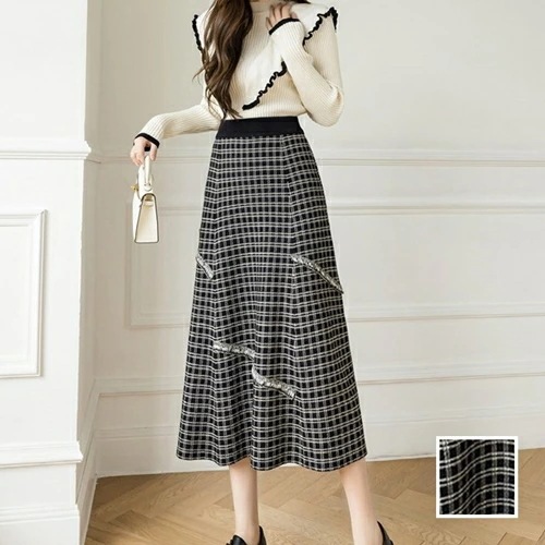 スカート ボトムス 韓国 ファッション レディース 春 秋 冬 カジュアル コーデ シンプル 定番 セレカジ 20代 30代 40代 2025 チェック バイカラー フリンジ風 フレア ミモレ