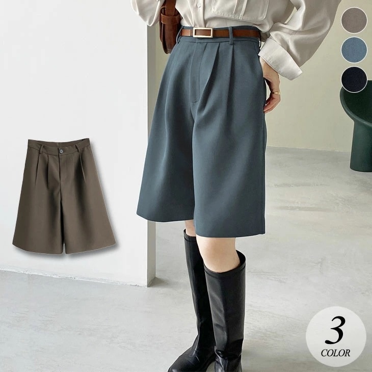 【2025新作 急速出荷】タック入り キュロット ボトムス パンツ 五分丈 ハーフパンツ ツータック おしゃれ 可愛い 無地 シンプル きれいめ カジュアル 春 秋 冬 レディース 韓国ファッション